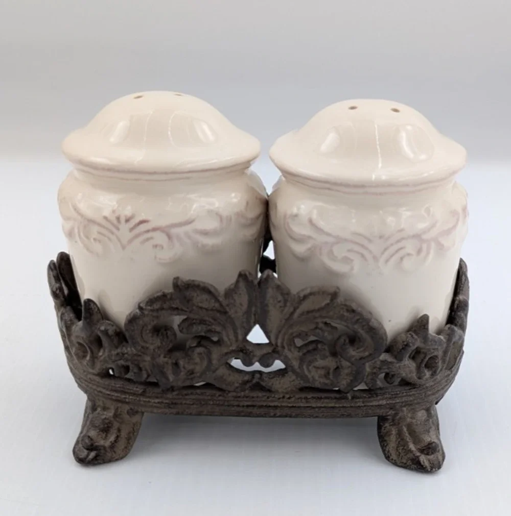 Chris Madden Corvella Ivory Salt Pepper Shaker Set Metal Stand Embossed Scrolls